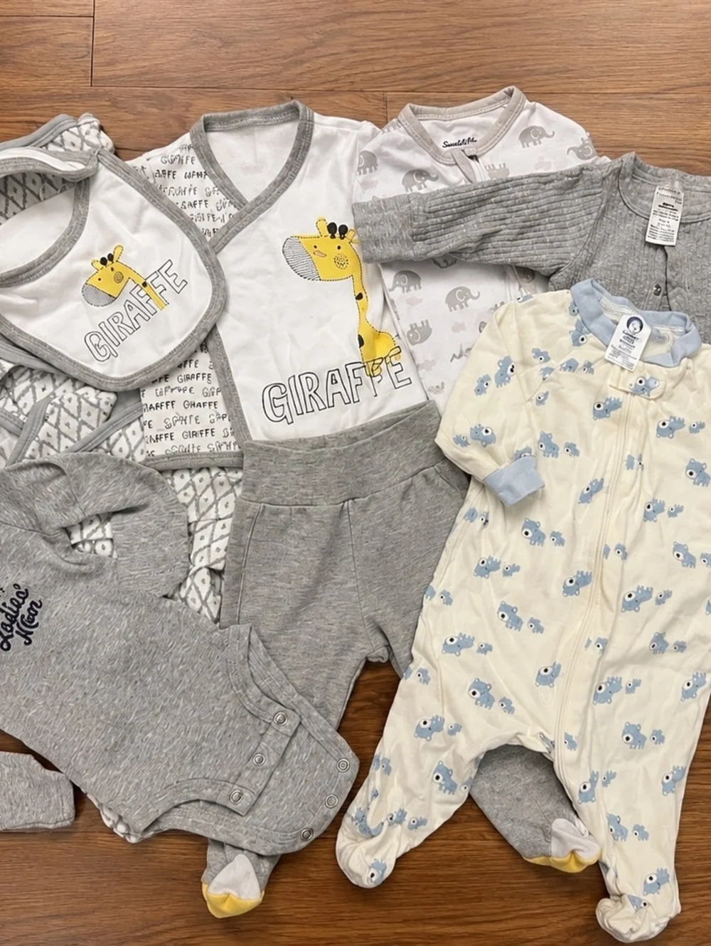 Newborn Baby Clothes Bundle 9 Pc Grey Blue Giraffe Elephant Swaddle Sleep Sack